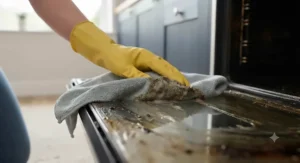 Close-up of baked-on grease being wiped away easily with a damp cloth after using an eco oven cleaner.