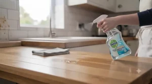 A family-safe multi-surface cleaner being used to sanitise a wooden kitchen dining table after meal preparation.
