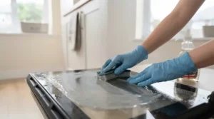Wearing protective gloves while using a heavy-duty oven cleaner safely at home.