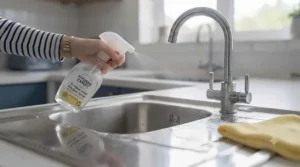 Cleaning a chrome kitchen tap and basin with antibacterial kitchen spray.