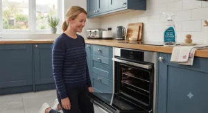A fully restored, gleaming kitchen oven after a deep clean using a reliable UK-grade fume-free oven cleaner.