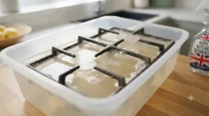 Cast-iron cooker pan supports soaking in warm water mixed with a liquid kitchen degreaser.