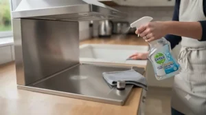 A streak-free finish on a stainless steel cooker hood and splashback after using an antibacterial multi-surface kitchen cleaner.