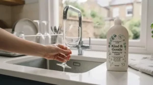 Sparkling clean glasses rinsed free of residue using a mild, skin-friendly dishwashing liquid.