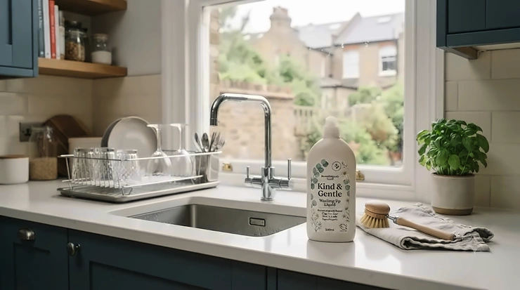A bottle of dermatologically tested washing-up liquid for sensitive skin beside clean glassware on a modern kitchen sink draining board. washing-up liquid for sensitive skin