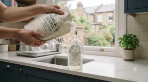 Refilling a reusable bottle with eco-friendly, sensitive-skin washing-up liquid from a sustainable pouch.