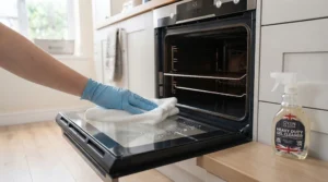 Wiping away dissolved grease and heavy-duty oven cleaner with a damp microfiber cloth.
