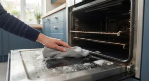 Using a damp microfibre cloth to wipe away loosened grease after using a safe, fume-free oven cleaner.
