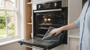 Wiping away dissolved grease and cleaner residue from a cooker glass door with a damp microfibre cloth