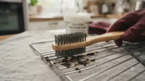 Dual-ended wire brush and abrasive scouring pad being used to scrub stubborn grime off cooker shelves.