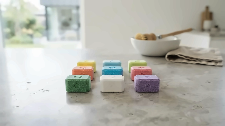 All-in-one dishwasher tablets displayed on a sleek marble countertop in a contemporary London kitchen