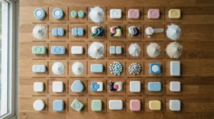A flat lay arrangement showing various dishwasher tablets and detergent types side by side
