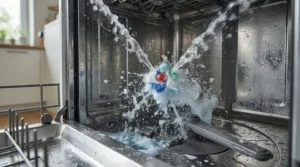 Water splashing over dishwasher tablets inside a loaded machine during a powerful wash cycle