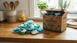 Eco-friendly dishwasher tablets arranged neatly next to plastic-free cardboard packaging on a wooden worktop