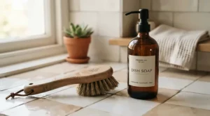 Daily household chores using a plant-based, cruelty-free refillable washing-up liquid.