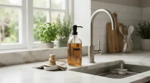 A sleek glass bottle of refillable washing-up liquid sitting by a modern kitchen sink in a UK home.