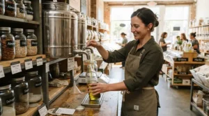 Customer filling up a glass container with refillable washing-up liquid at a local zero-waste shop.