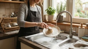 Washing dishes while using sustainable, plastic-free refillable washing-up liquid in a Victorian terraced house.