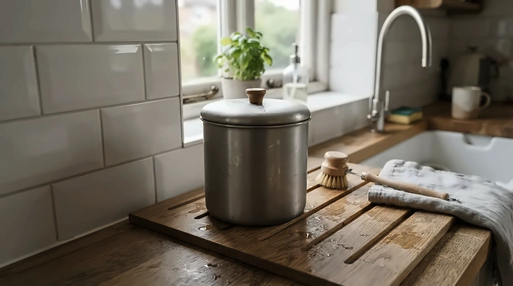 A durable aluminium dispenser used for eco-friendly refillable washing-up liquid in a bright flat.