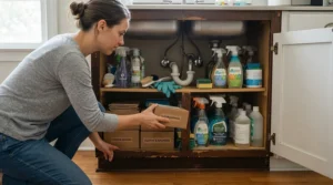 A homeowner reaching for a box of dishwasher tablets from the storage cupboard beneath the kitchen sink