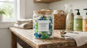 Colorful dishwasher tablets stored inside a clear glass jar on a kitchen shelf for easy daily access