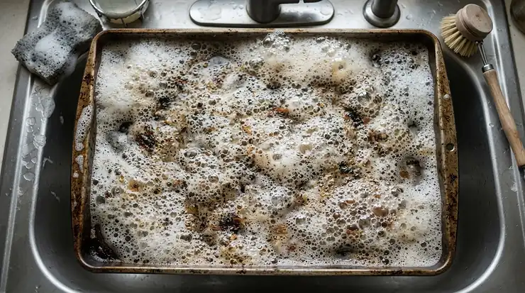 Washing-up liquid for greasy dishes cutting through burnt-on fat on a metal baking tray