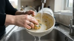 Washing-up liquid for greasy dishes removing tough turmeric curry stains from ceramic bowls