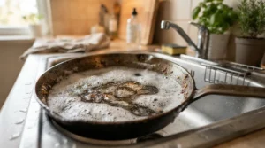 Grease-cutting dish soap acting as a washing-up liquid for greasy dishes in a frying pan
