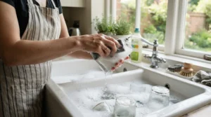 Washing-up liquid for greasy dishes tackling limescale and oil on glassware in a hard water area