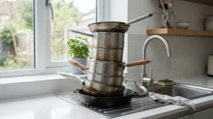 Applying washing-up liquid for greasy dishes to a stack of heavy pots and pans after cooking