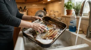 Using washing-up liquid for greasy dishes on a dirty Sunday roast roasting tin in a kitchen sink