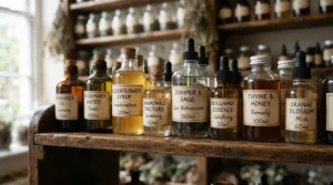 Shelves stocked with colourful glass containers of scented refillable washing-up liquid in a British boutique store.